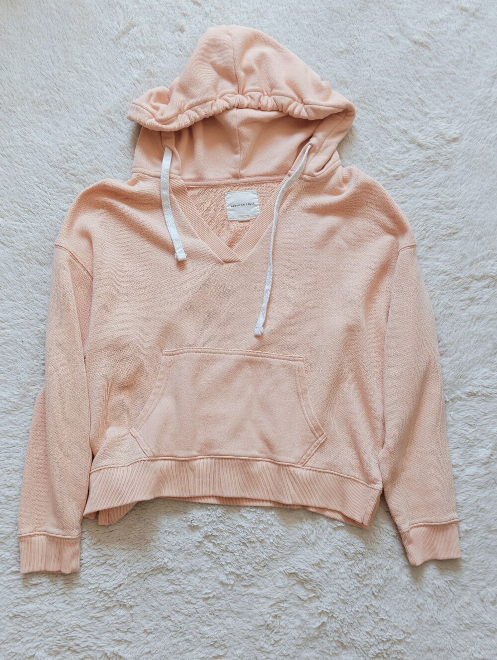 American Eagle Peach Sorbet Waffle Knit Split Neck Boxy Crop Hoodie | Size Med - Picture 2 of 3